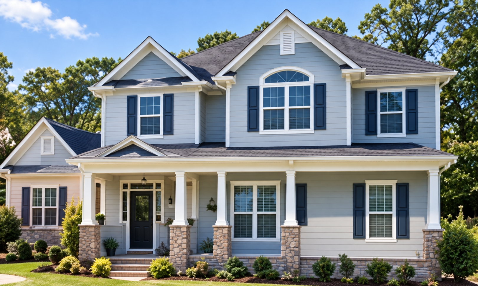 House exterior with blue siding and white trim
