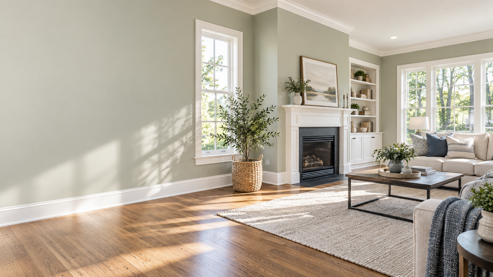 Sage painted living room with white trim and an oatmeal sofa