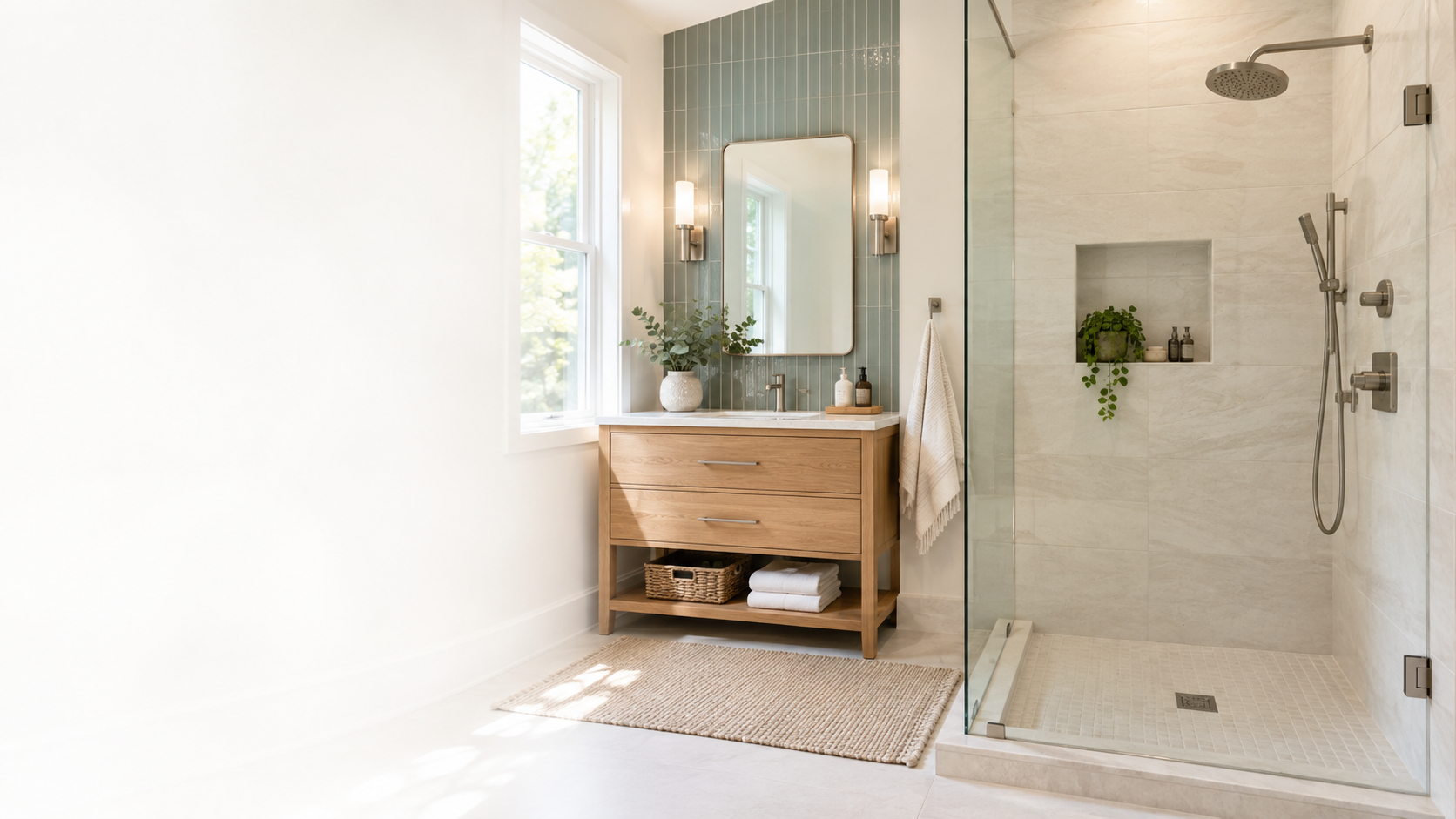 Ivory porcelain shower tile with a sage accent wall